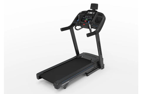 Black motorized treadmill with digital display console, handrails, and cushioned running belt on white background