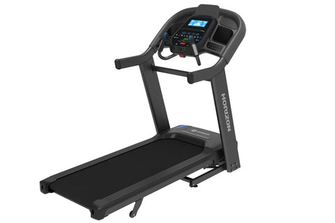 Black Horizon 7.4 AT treadmill with digital display console, cushioned running deck, and handlebar controls on white backgrou