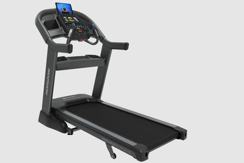 Black motorized treadmill with blue touchscreen display, digital console, and cushioned running deck on white background