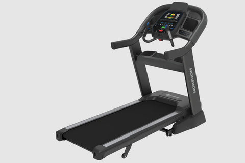 Black motorized treadmill with blue touchscreen display, digital console, and cushioned running deck on white background