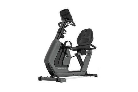 Black recumbent exercise bike with digital display console, padded seat, and sturdy frame base on white background