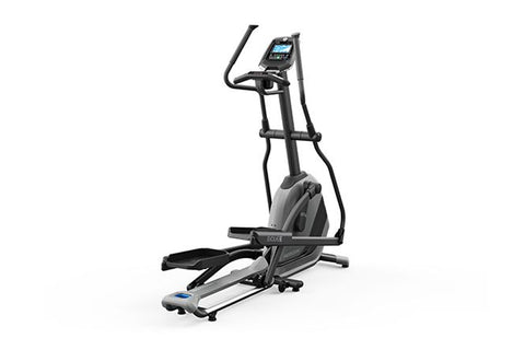 Black and gray elliptical machine with digital display console, foot pedals, and handlebars on white background