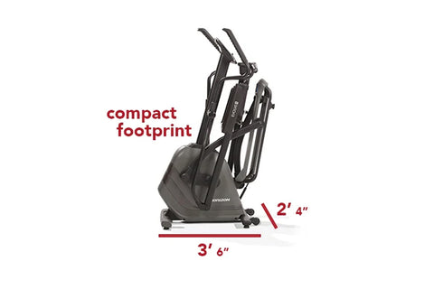 Black and gray elliptical machine with digital display console, moving handlebars, and foot pedals on white background