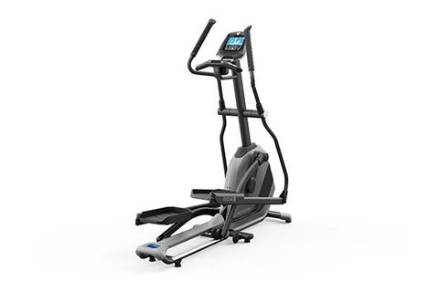 Black and gray elliptical machine with digital display console, moving handlebars, and foot pedals on white background