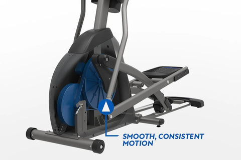 Horizon EX-59 elliptical machine with gray frame, blue accents, digital display console, and dual handlebar grips on white ba