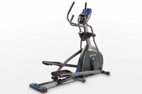 Horizon EX-59 elliptical machine with gray frame, blue accents, digital display console, and dual handlebar grips on white ba