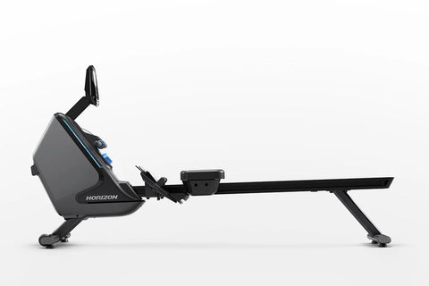 Horizon Oxford 3 black and gray rowing machine with digital console and extended footrest on white background