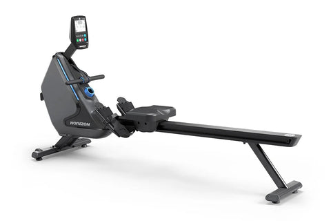 Horizon Oxford 3 black and gray rowing machine with digital console and extended footrest on white background
