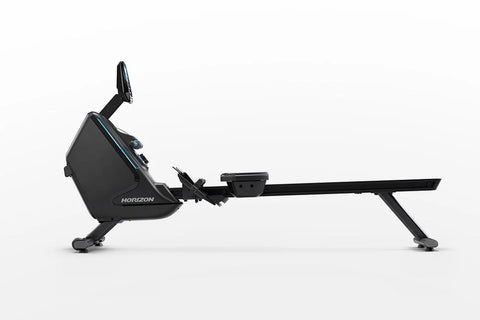 Horizon Oxford 6 black rowing machine with digital display console on white background