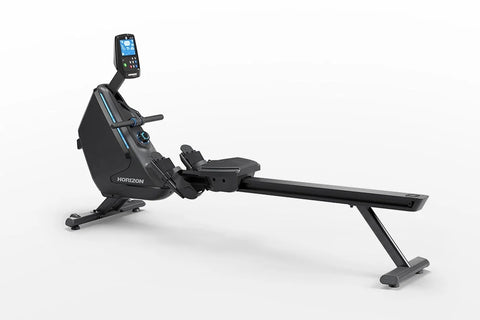 Horizon Oxford 6 black rowing machine with digital display console on white background