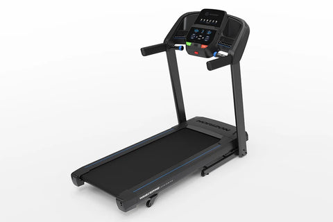 Black folding treadmill with digital console featuring blue display, control buttons, and dual black handles on white backgro