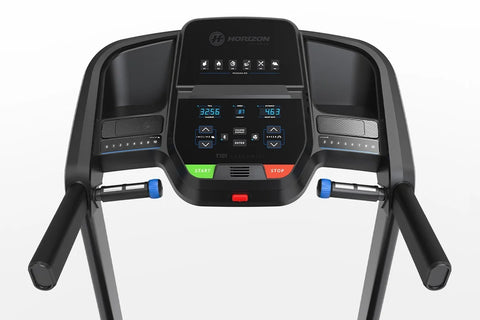 Black folding treadmill with digital console featuring blue display, control buttons, and dual black handles on white backgro