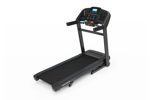 Black folding treadmill with blue accents, digital console display, control buttons, and handrails on white background