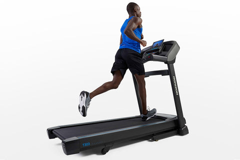 Black Horizon T303 folding treadmill with blue accent details, digital console, and cushioned running deck on white backgroun