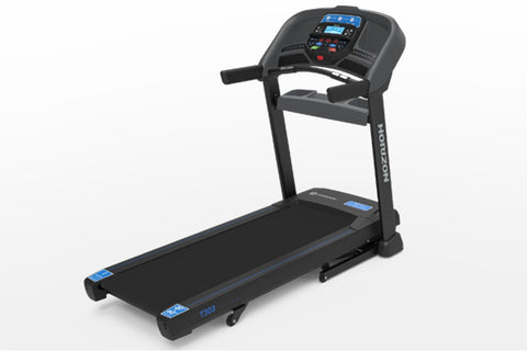 Black Horizon T303 folding treadmill with blue accent details, digital console, and cushioned running deck on white backgroun