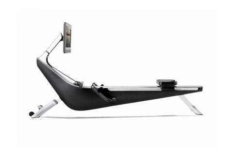 Hydrow Pro rowing machine with black seat and silver frame, adjustable phone mount arm, displayed on white background