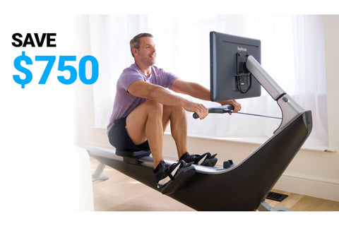 Hydrow Pro rowing machine with black seat and silver frame, adjustable phone mount arm, displayed on white background