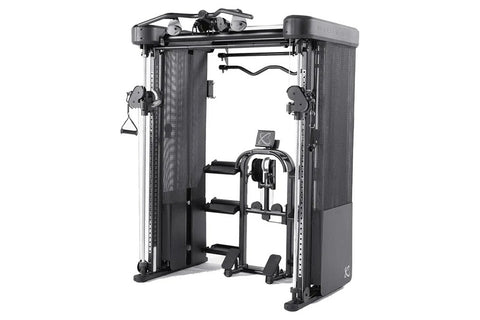 Black and silver Inspire Fitness FT2 Pro Smith functional trainer with dual weight stacks and foot platform on white backgrou