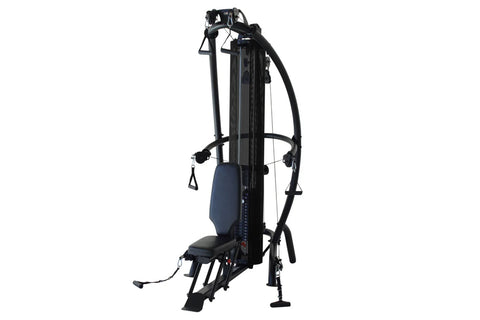 Black and blue multi-gym system with vertical frame, dual pull-down arms, seat, and leg extension platform on white backgroun