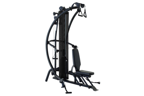 Black and blue multi-gym system with vertical frame, dual pull-down arms, seat, and leg extension platform on white backgroun