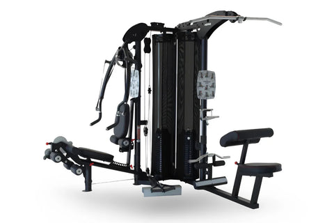 Black multi-station home gym with man demonstrating upper body exercise, featuring adjustable weight stack, leg press platfor