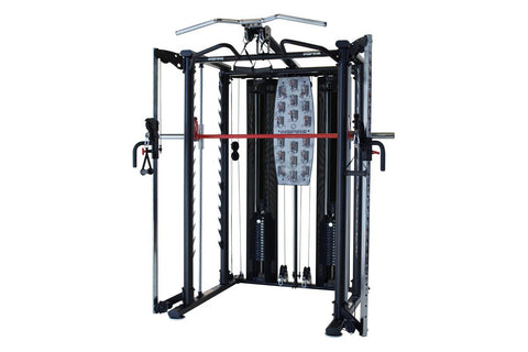 Black and silver multi-functional Smith cage system with red pull-up bar, dual cable stations, and weight stack on white back