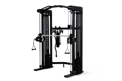 Black and silver functional trainer with dual cable towers, overhead bar, and suspended handles on white background