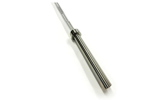 Ivanko stainless steel Olympic barbell with chrome sleeves and knurled grip, angled view on white background