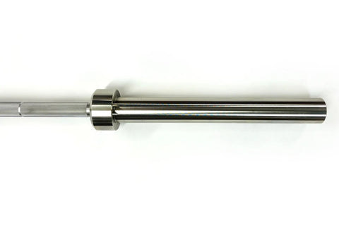 Ivanko stainless steel Olympic barbell with chrome sleeves and knurled grip, angled view on white background