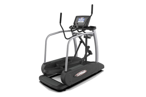 Landice E7 elliptical machine with black and gray frame, digital console display, and curved foot pedals on white background