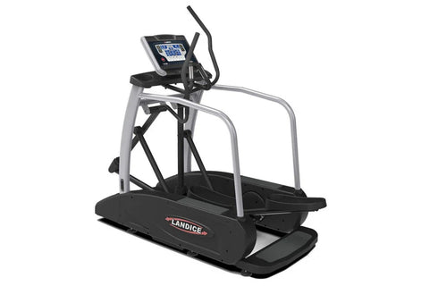 Landice E7 elliptical machine with black and gray frame, digital console display, and curved foot pedals on white background