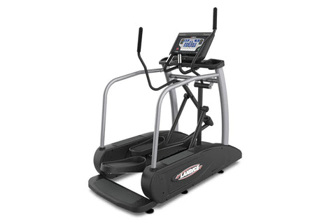 Landice E9 commercial elliptical with black foot pedals, gray frame, digital console, and safety handrails on light blue back