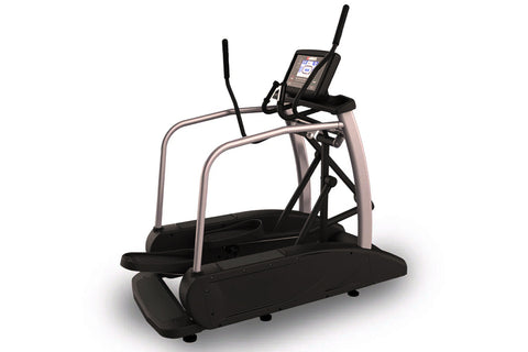 Commercial elliptical machine with black pedals, silver frame, and digital console displaying blue screen on light blue backg