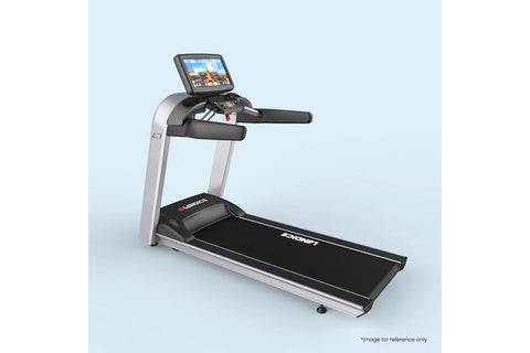 Landice L7 Club Treadmill with gray frame, black running belt, and digital display console on white background