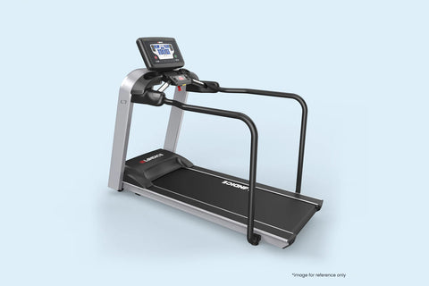 Woman running on black and gray Landice L7 treadmill with digital display console, worn by model on white background