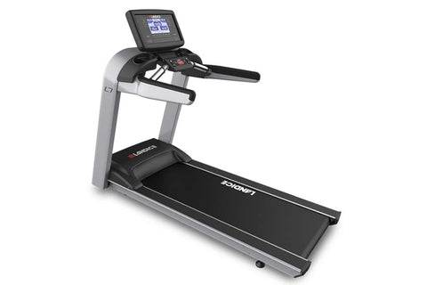Landice L7 treadmill with black running deck, silver frame, and digital display console on white background