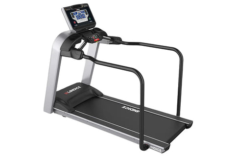Landice L8 rehabilitation treadmill with black running belt, silver frame, handrails, and digital display console on white ba