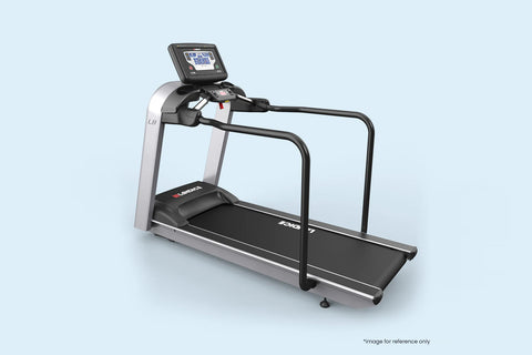 Landice L8 rehabilitation treadmill with black running belt, silver frame, handrails, and digital display console on white ba