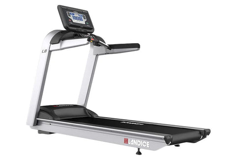 Landice L8 commercial treadmill with white frame, black running deck, and digital display console on white background