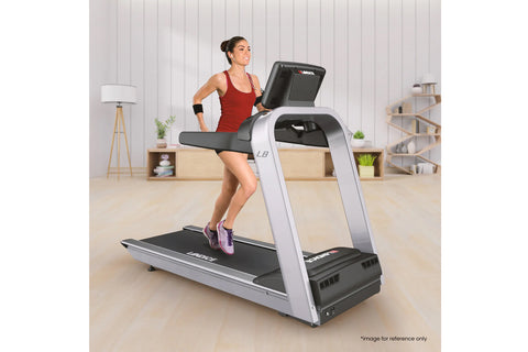 Landice L8 commercial treadmill with white frame, black running deck, and digital display console on white background