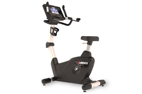Landice U9 black upright exercise bike with digital display console and adjustable seat, on white background