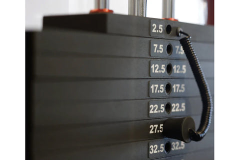 Weight stack with labeled plates showing 2.5, 7.5, 12.5, 17.5, 22.5, 27.5, and 32.5 pounds, black metal construction with blu