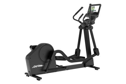 Black Life Fitness Atmos elliptical machine with digital display console, dual handles, and footplate on white background