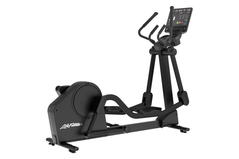 Black Life Fitness Atmos elliptical machine with digital display console, dual handles, and footplate on white background