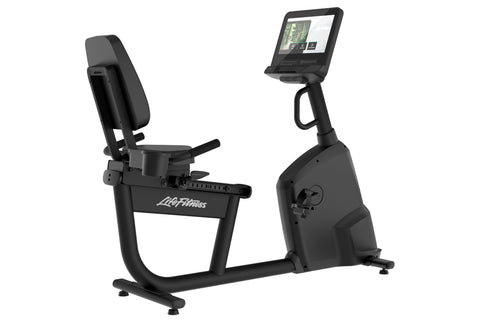 Black Life Fitness Atmos recumbent exercise bike with digital display console showing workout metrics, isolated on white back