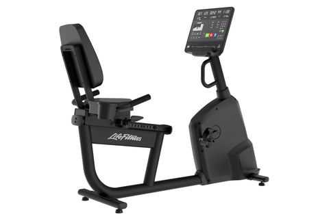Black Life Fitness Atmos recumbent exercise bike with digital display console showing workout metrics, isolated on white back