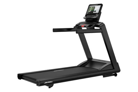 Black Life Fitness treadmill with digital display console, wide running deck, and red accent controls on white background