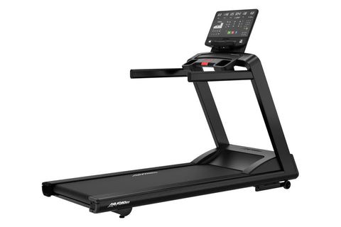 Black Life Fitness treadmill with digital display console, wide running deck, and red accent controls on white background