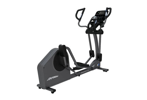 Black Life Fitness elliptical cross-trainer with digital console, foot pedals, and handlebars on white background