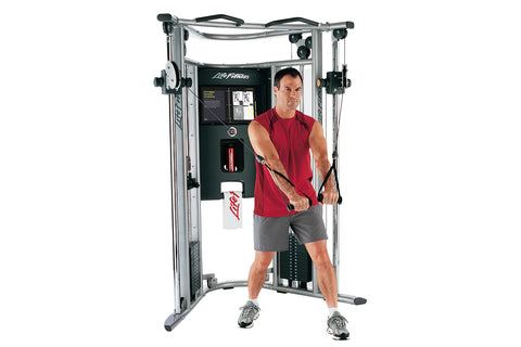 Life Fitness G7 home gym with dual cable machines, silver frame, black weight stack, and instruction display, front view on w